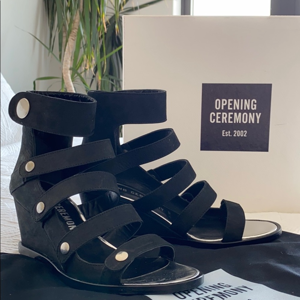 Opening Ceremony Black Suede Wedge Sandals
